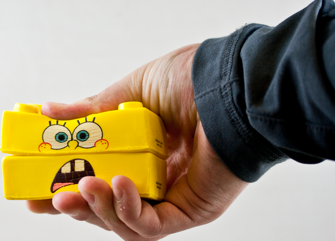 soft lego spongebob printed with xflexx ink being squished