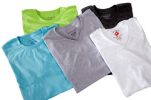 inkcups tagless labels on variety of color shirts
